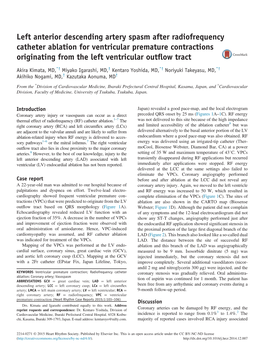 Left Anterior Descending Artery Spasm After Radiofrequency Catheter Ablation for Ventricular Premature Contractions Originating from the Left Ventricular Outﬂow Tract