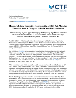 House Judiciary Committee Approves the MORE Act, Marking First-Ever Vote in Congress to End Cannabis Prohibition