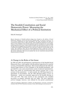 The Swedish Constitution and Social Democratic Power: Measuring the Mechanical E¡Ect of a Political Institution