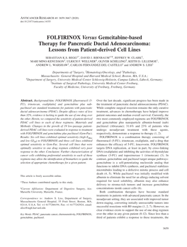 FOLFIRINOX Versus Gemcitabine-Based Therapy for Pancreatic Ductal Adenocarcinoma: Lessons from Patient-Derived Cell Lines SEBASTIAN K.S