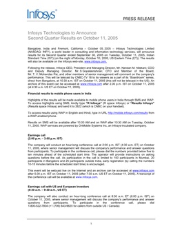 Infosys Technologies to Announce Second Quarter Results on October 11, 2005
