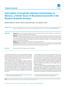 Interruption of Lymphatic Filariasis Transmission in Manaus, a Former Focus of Wuchereria 18 Bancrofti in the Western Brazilian Amazon