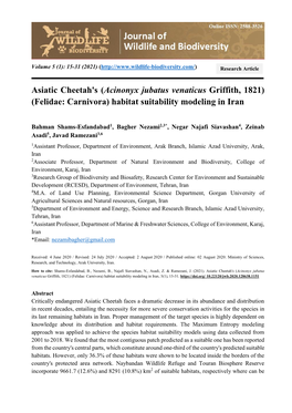 Asiatic Cheetah's (Acinonyx Jubatus Venaticus Griffith, 1821) (Felidae: Carnivora) Habitat Suitability Modeling in Iran