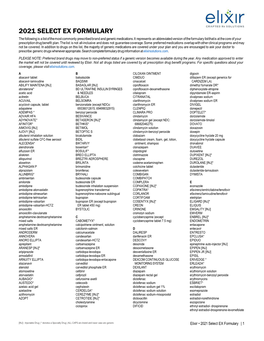 2021 SELECT EX FORMULARY the Following Is a List of the Most Commonly Prescribed Brand and Generic Medications