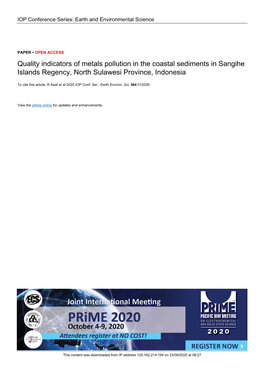 Quality Indicators of Metals Pollution in the Coastal Sediments in Sangihe Islands Regency, North Sulawesi Province, Indonesia
