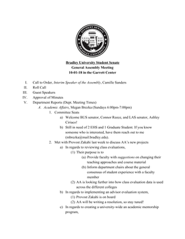 Bradley University Student Senate General Assembly Meeting 10-01-18 in the Garrett Center I. Call to Order, ​Interim Speaker O