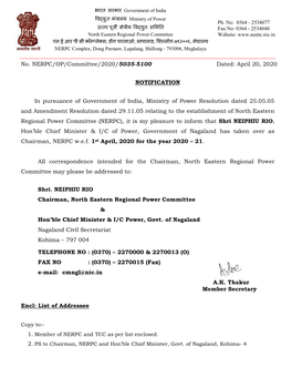 No. NERPC/OP/Committee/2020/5035-5100 Dated: April 20, 2020