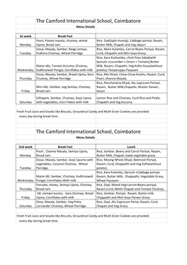 The Camford International School, Coimbatore Menu Details