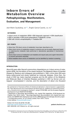 Inborn Errors of Metabolism Overview Pathophysiology, Manifestations, Evaluation, and Management