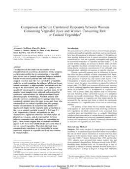 Comparison of Serum Carotenoid Responses Between Women Consuming Vegetable Juice and Women Consuming Raw Or Cooked Vegetables1