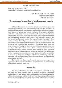 Sex-Espionage’ As a Method of Intelligence and Security Agencies