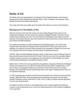 Battle of Kili the Battle of Kili Was Fought Between the Mongols of the Chagatai Khanate Under Qutlugh Khwaja and the Delhi Sultanate Led Alauddin Khilji in 1299