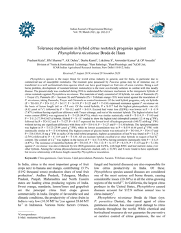 Tolerance Mechanism in Hybrid Citrus Rootstock Progenies Against Phytophthora Nicotianae Breda De Haan