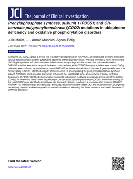 Mutations in Ubiquinone Deficiency and Oxidative Phosphorylation Disorders