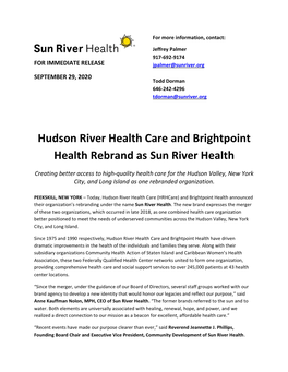 Hudson River Health Care and Brightpoint Health Rebrand As Sun River Health