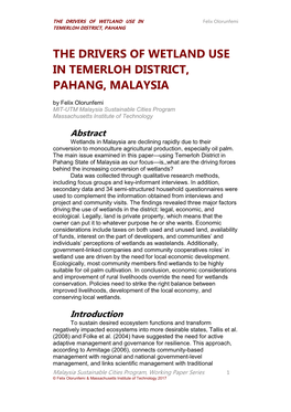 The Drivers of Wetland Use in Temerloh District, Pahang, Malaysia