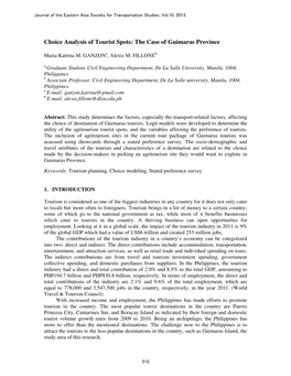 Choice Analysis of Tourist Spots: the Case of Guimaras Province