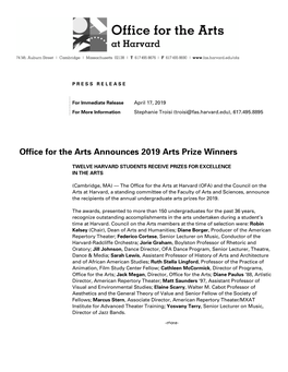 Office for the Arts Announces 2019 Arts Prize Winners