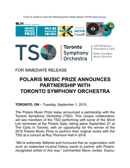 Polaris Music Prize Announces Partnership with Toronto Symphony Orchestra