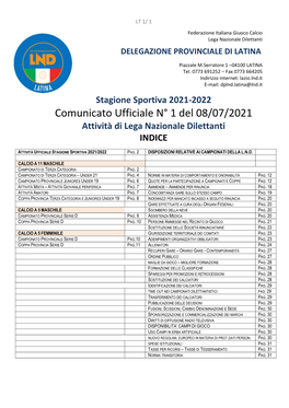 Comunicato Ufficiale N° 1 Del 08/07/2021 Attività Di Lega Nazionale Dilettanti INDICE