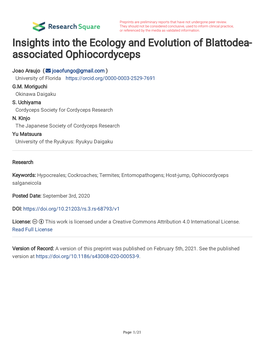 Insights Into the Ecology and Evolution of Blattodea- Associated Ophiocordyceps