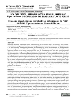 PIPERACEAE) in the BRAZILIAN ATLANTIC FOREST Expresión Sexual, Sistema Reproductivo Y Polinizadores De Piper Caldense (Piperaceae) En Un Bosque Atlántico
