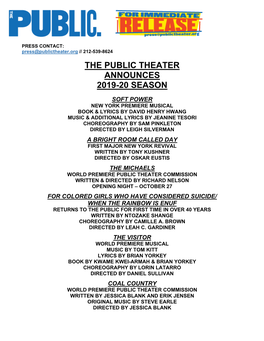 The Public Theater Announces 2019-20 Season