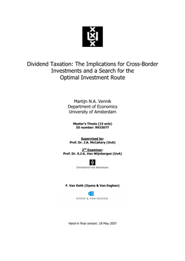 Dividend Taxation: the Implications for Cross Border Investments and A