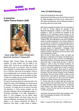 In Memoriam Father Thomas Peeters C.M.M