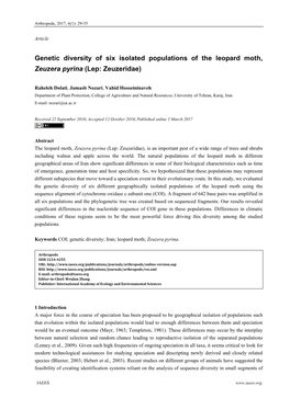 Genetic Diversity of Six Isolated Populations of the Leopard Moth, Zeuzera Pyrina (Lep: Zeuzeridae)