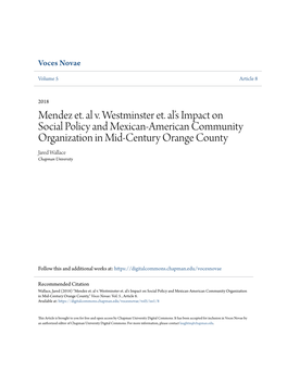 Mendez Et. Al V. Westminster Et. Alâ•Žs Impact on Social Policy and Mexican-American Community Organization in Mid-Century O