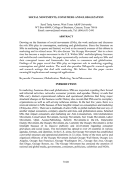 71601 SOCIAL MOVEMENTS, CONSUMERS and GLOBALIZATION Syed Tariq Anwar, West Texas A&M University WT Box 60809, College Of