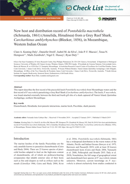 Pontobdella Macrothela (Schmarda, 1861) (Annelida, Hirudinea) from a Grey Reef Shark, Carcharhinus Amblyrhynchos (Bleeker, 1856), in Mozambique, Western Indian Ocean