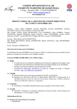 COMITÉ DÉPARTEMENTAL DE CHARENTE MARITIME DE BASKETBALL L’Etage – Beaulieu 2000 – 17138 PUILBOREAU E-Mail : Basket.Etage@Orange.Fr ______