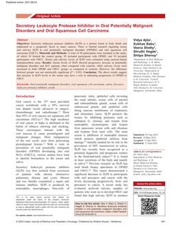 Secretory Leukocyte Protease Inhibitor in Oral Potentially Malignant Disorders and Oral Squamous Cell Carcinoma