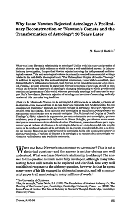 Why Isaac Newton Rejected Astrology: a Prelimi­ Nary Reconstruction Or 