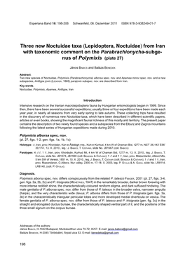 Lepidoptera, Noctuidae) from Iran with Taxonomic Comment on the Parabrachionycha-Subge- Nus of Polymixis (Plate 27)