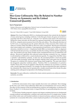 Hox Gene Collinearity May Be Related to Noether Theory on Symmetry and Its Linked Conserved Quantity