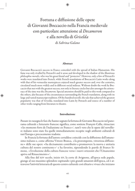 Fortuna E Diffusione Delle Opere Di Giovanni Boccaccio Nella Francia Medievale Con Particolare Attenzione Al Decameron E Alla Novella Di Griselda Di Sabrina Galano
