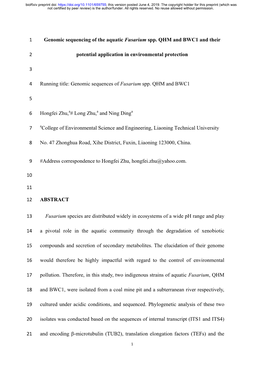 Genomic Sequencing of the Aquatic Fusarium Spp. QHM and BWC1 and Their