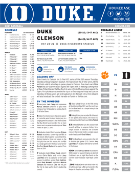 DUKE CLEMSON PROGRAM HISTORY 2021 TEAM LEADERS Joey Loperfido