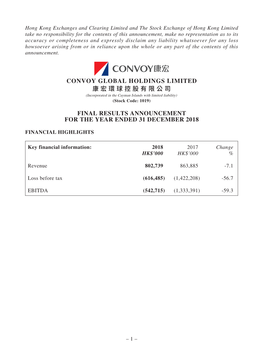 Final Results Announcement for the Year Ended 31 December 2018