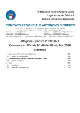 COMITATO PROVINCIALE AUTONOMO DI TRENTO Stagione