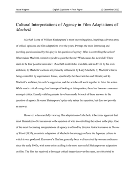 Cultural Interpretations of Agency in Film Adaptations of Macbeth