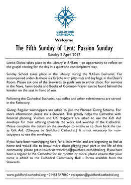 The Fifth Sunday of Lent: Passion Sunday Sunday 2 April 2017