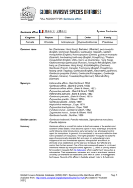 Gambusia Affinis Global Invasive Species Database (GISD)