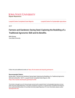 Farmers and Gardeners Saving Seed: Exploring the Reskilling of a Traditional Agronomic Skill and Its Benefits