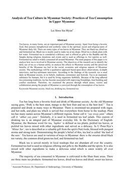 Analysis of Tea Culture in Myanmar Society: Practices of Tea Consumption in Upper Myanmar