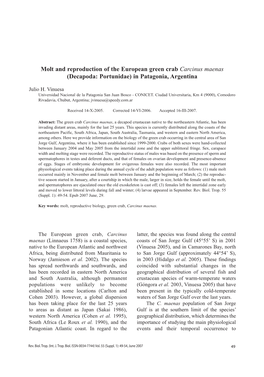 Molt and Reproduction of the European Green Crab Carcinus Maenas (Decapoda: Portunidae) in Patagonia, Argentina