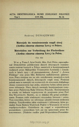 Nr 15 (1936) : Materjały Do Rozmieszczenia Czapli Siwej